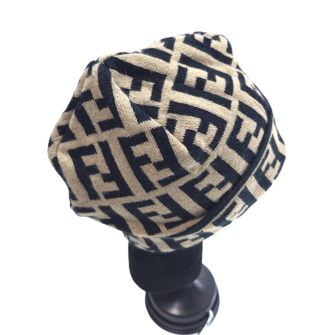 FENDI JEANS フェンディ ズッカ柄 ニット帽 ビーニー ベージュ×黒