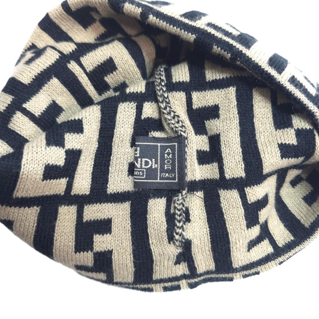 FENDI JEANS フェンディ ズッカ柄 ニット帽 ビーニー ベージュ×黒