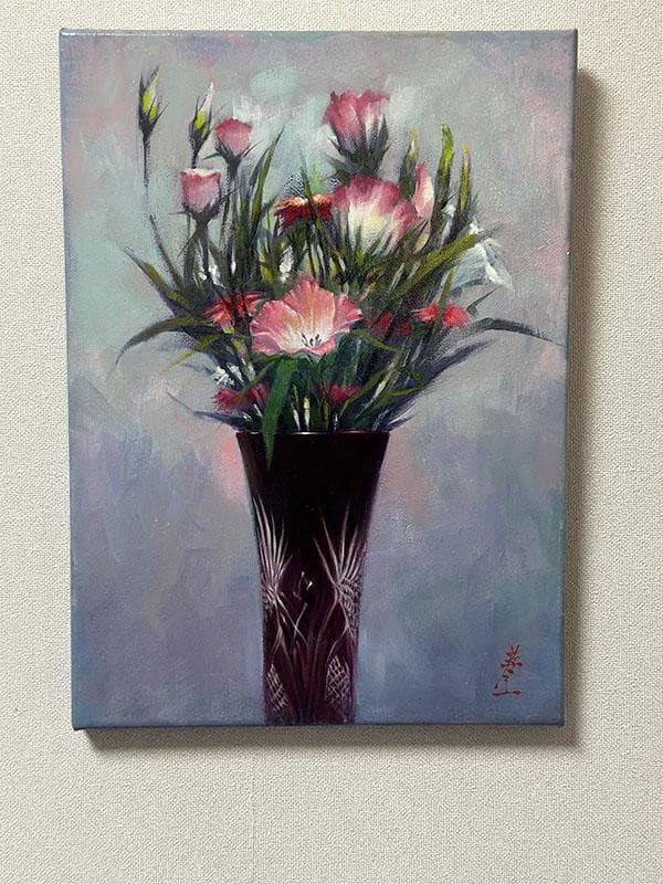 アクリルアート「赤い江戸切子と桔梗、撫子」１点物、手描き、真筆。