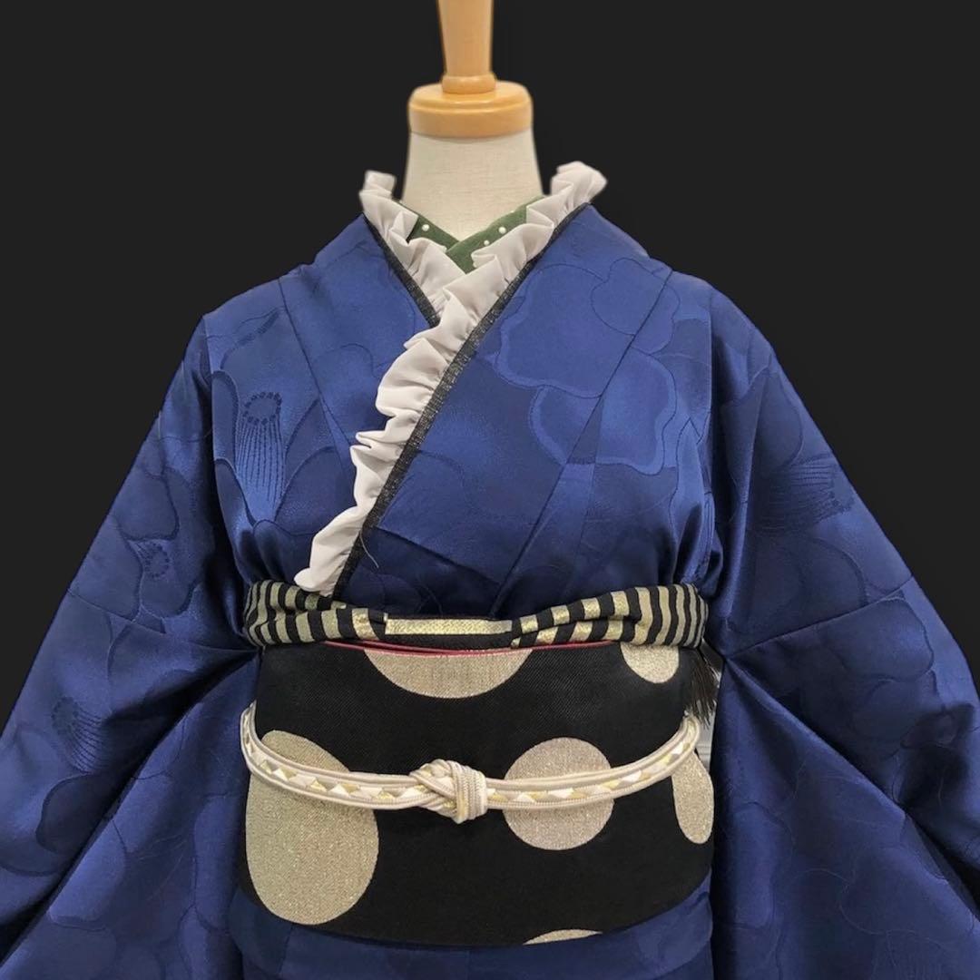 新品 洗える振袖 和風館 【無地 椿 ネイビー】丹後ちりめん★卒業式の袴にも♪