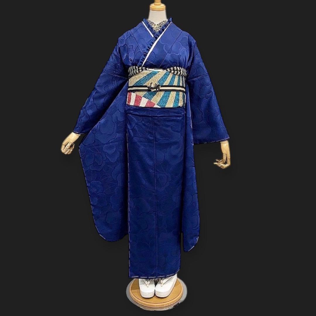 新品 洗える振袖 和風館 【無地 椿 ネイビー】丹後ちりめん★卒業式の袴にも♪
