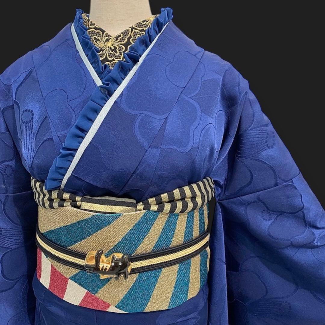 新品 洗える振袖 和風館 【無地 椿 ネイビー】丹後ちりめん★卒業式の袴にも♪