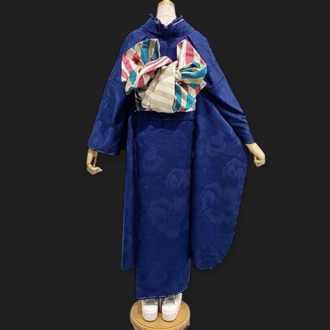 新品 洗える振袖 和風館 【無地 椿 ネイビー】丹後ちりめん★卒業式の袴にも♪