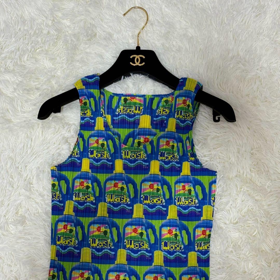 希少 プリーツプリーズ 洗剤柄 WASH ノースリーブ トップス 総柄 L相当