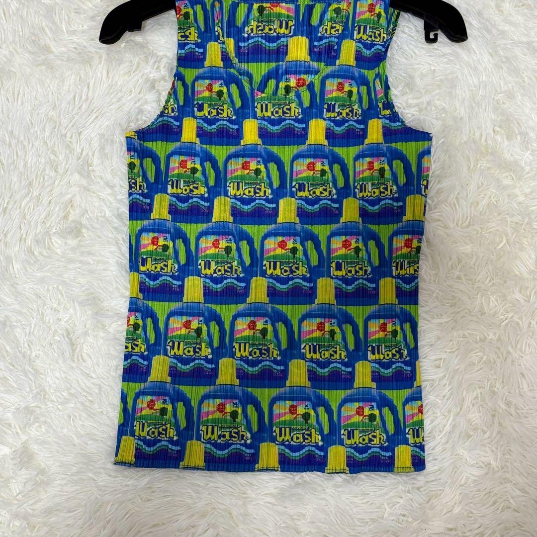 希少 プリーツプリーズ 洗剤柄 WASH ノースリーブ トップス 総柄 L相当