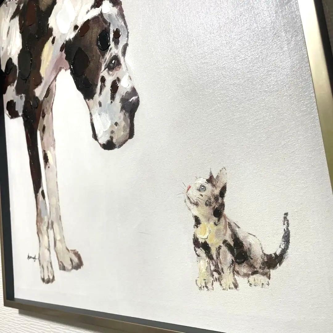 犬と猫　絵画 オイルペイントアート ベストフレンド (L) 油絵　犬と猫