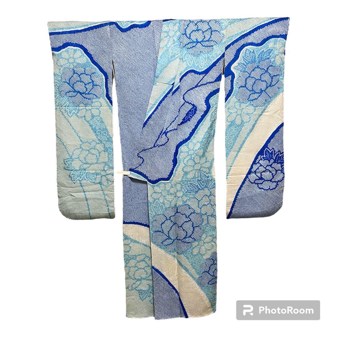 22141 【即購入OK】振袖　総絞りブルー系　呉服店誂え　セット可能【即発送】