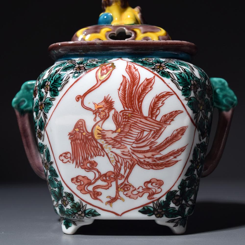 九谷焼 香炉 覚山 獅子摘 青手 鳳凰 獅子 香道具 茶道具 仏具