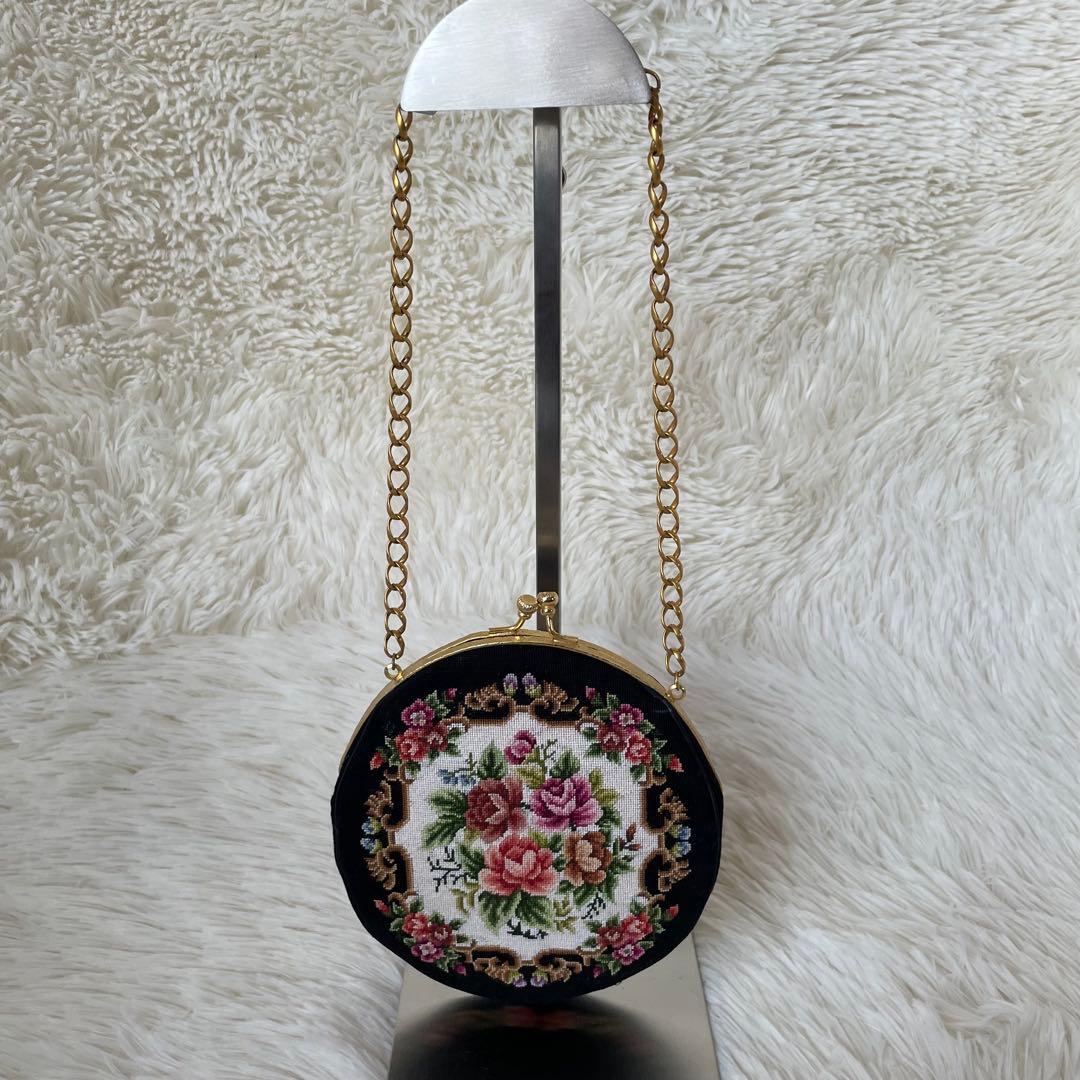 プチポワン　ラウンド型　バッグ　お花 アンティーク　良品　希少