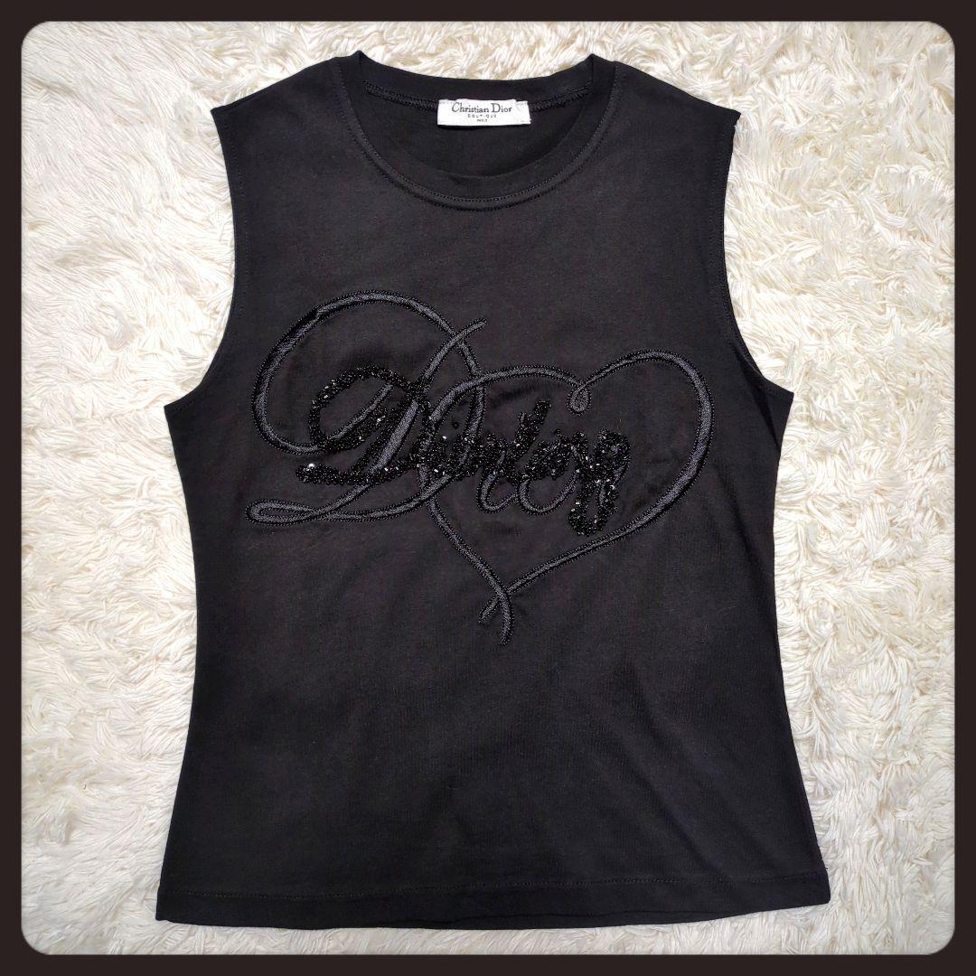 【入手困難・美品】ディオール☆タンクトップ ロゴ刺繍 ビジュー 黒 ガリアーノ期