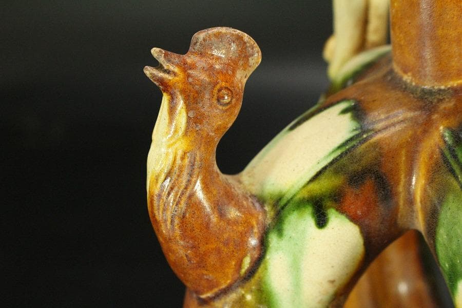 中国美術 唐三彩 双龍耳 鶏頭 瓶 高30cm 希少(LC242)