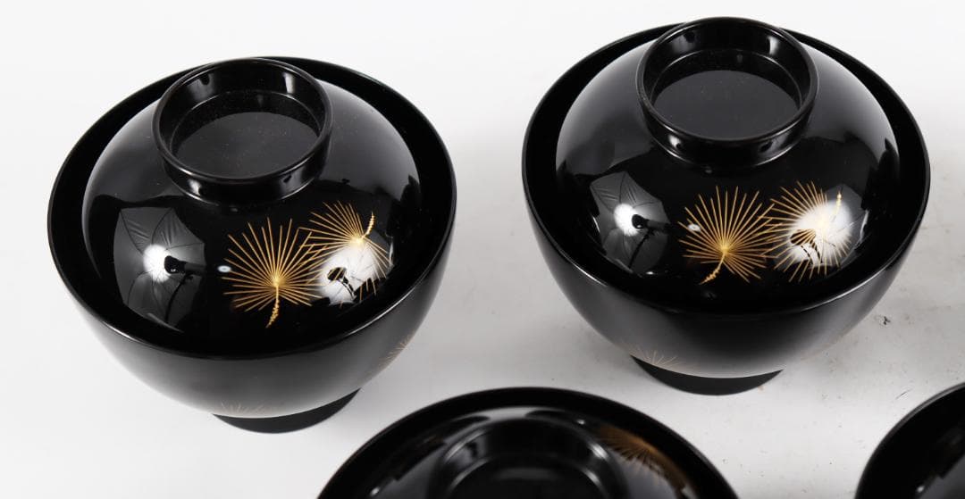 輪島塗 吸物椀 飛花沈金 高出英次　黒 5客　天然漆 天然木