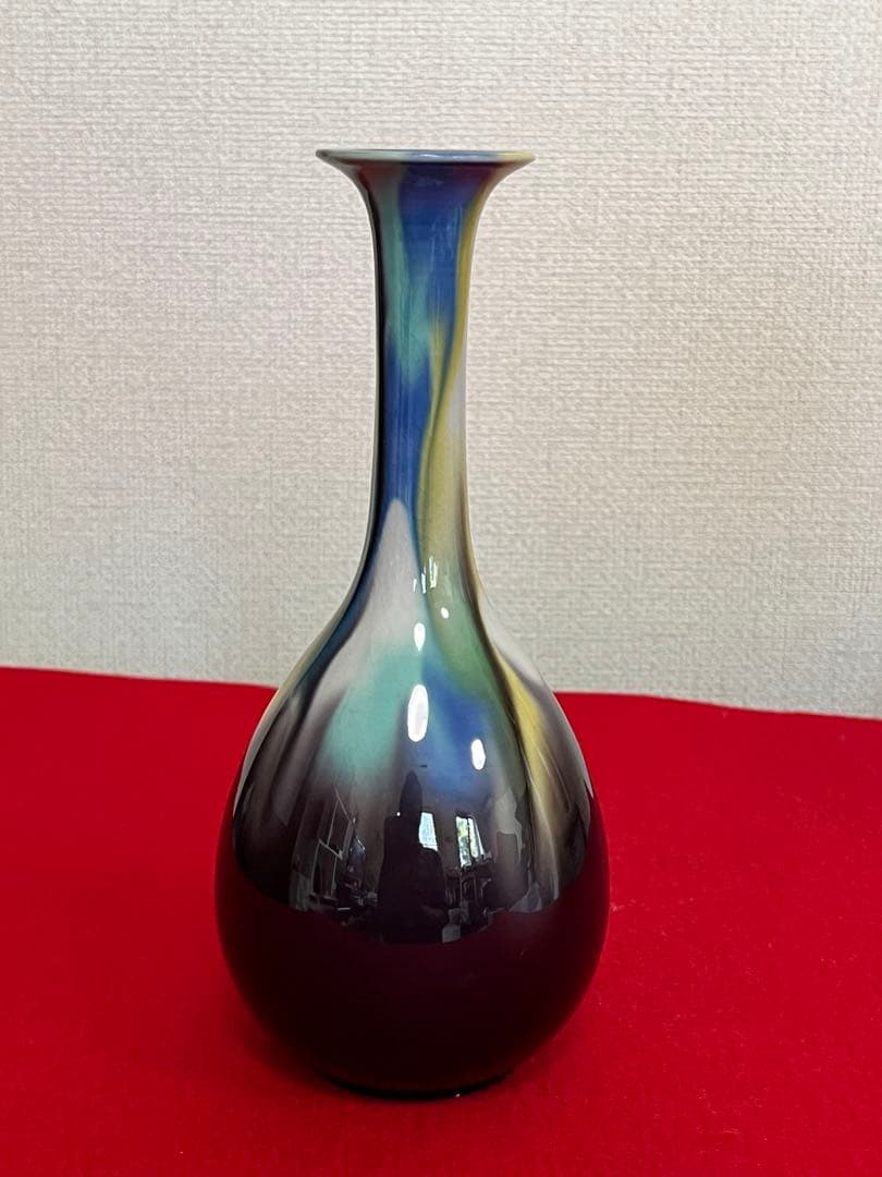 柳雨軒 三代 人間国宝 徳田八十吉  (正彦銘)彩釉 花入 管理T196