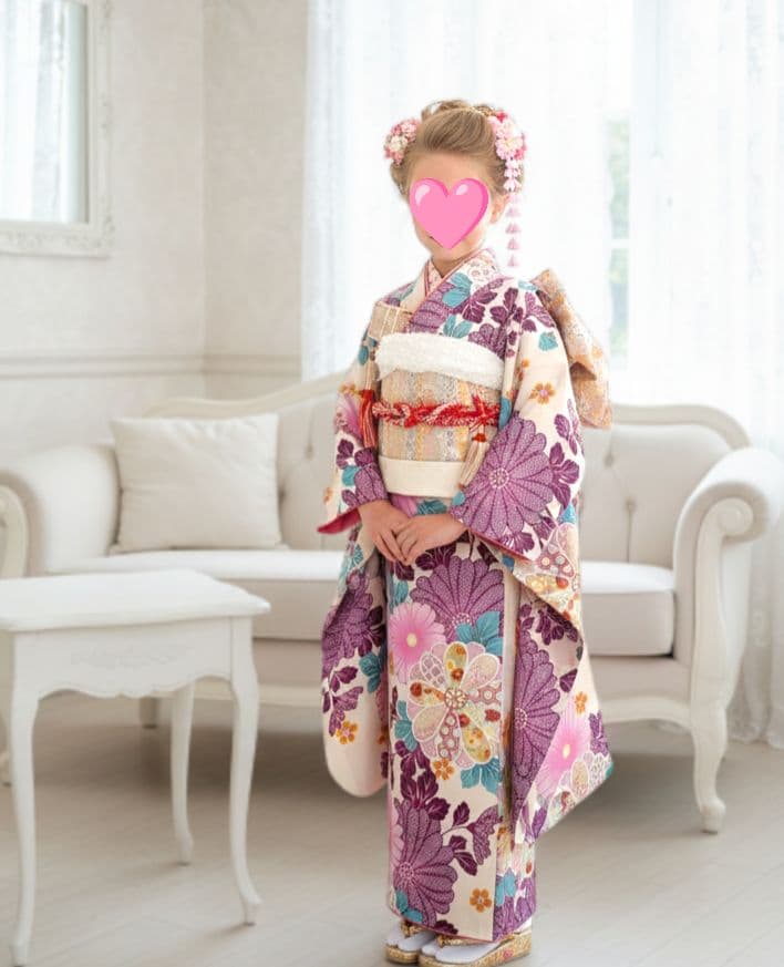 新品クリーム色に大きな花模様の着物と作り帯フルセット☆七五三
