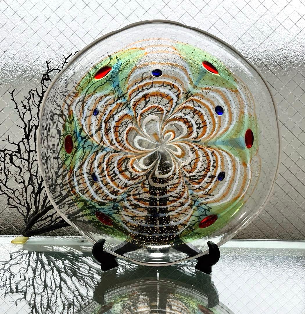 骨董　作家作品　象嵌　彩色　金彩釉　輪花　大皿　特大プレート　上野良樹