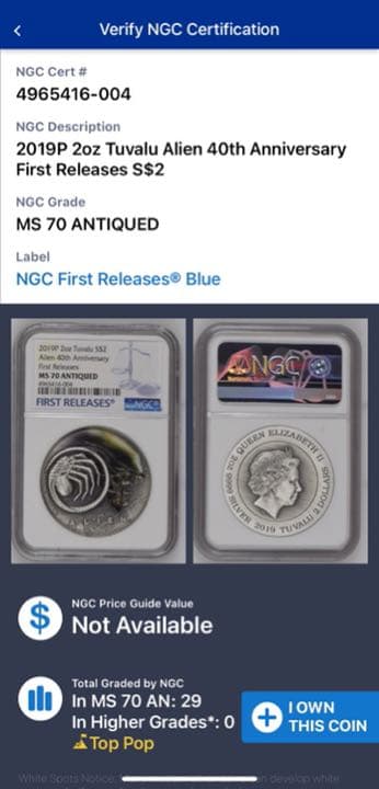 【最高鑑定】2019　エイリアン　エッグチェンバー　2オンス　銀貨　NGC
