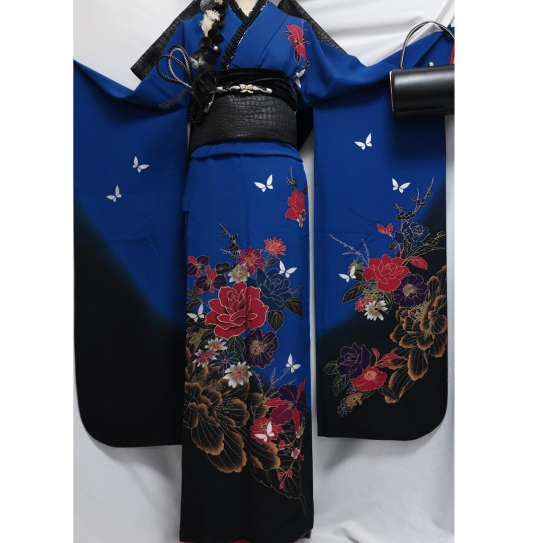 美品◆人気の青！◆ 振袖6点セット ◆フルセット正絹ギャル前撮り成人式55Ac