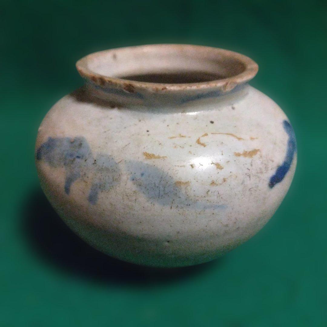 青い模様の陶器の壺　李朝　小壺