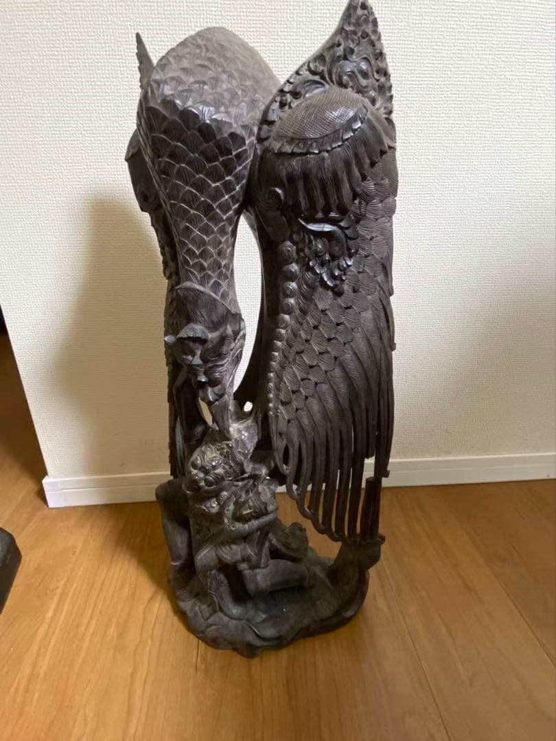 黒檀木彫り檀木彫り 希少中古シュヌ神バリ 置物高62.5cmx30cm重9kg