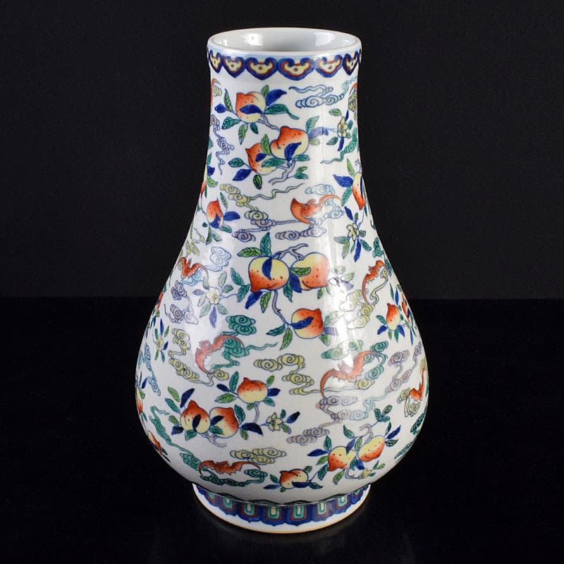 中国　大清雍正年製款　色絵　桃蝙蝠図　花生　時代箱付　M　R7657B