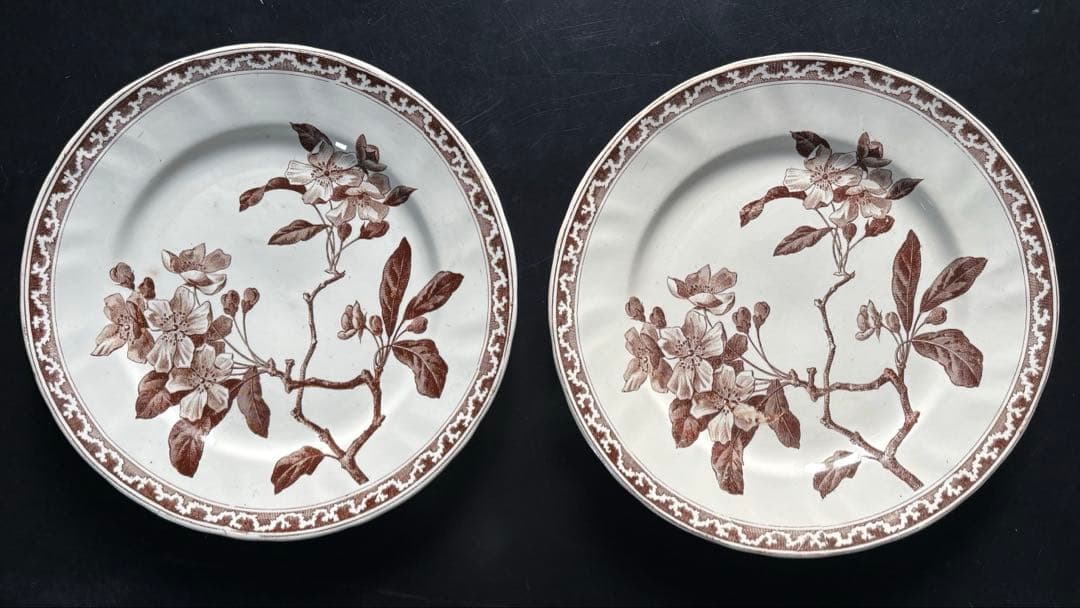 フランスアンティークプレート ブラウン　花柄2枚セット