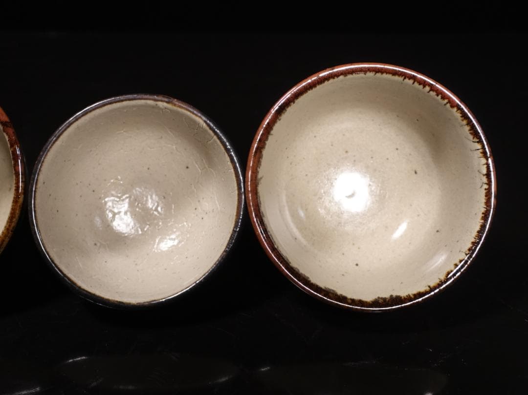 人間国宝 濱田庄司の次男 濱田晋作 鉄絵茶碗 貴重な3客組 共箱