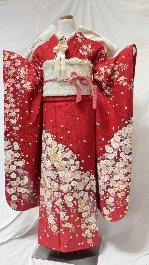 桜柄 赤 振袖 正絹　振袖フルセット　成人式　　振袖7点セット