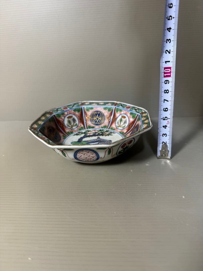 2418大明萬暦年製銘　伊万里 金襴手 菊に龍　岩に欄干図 八角皿　5客　時代物