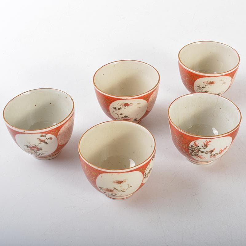 煎茶道具　九谷焼　赤絵金彩　人物花文　煎茶碗　五客　碗筒付　M　R7118