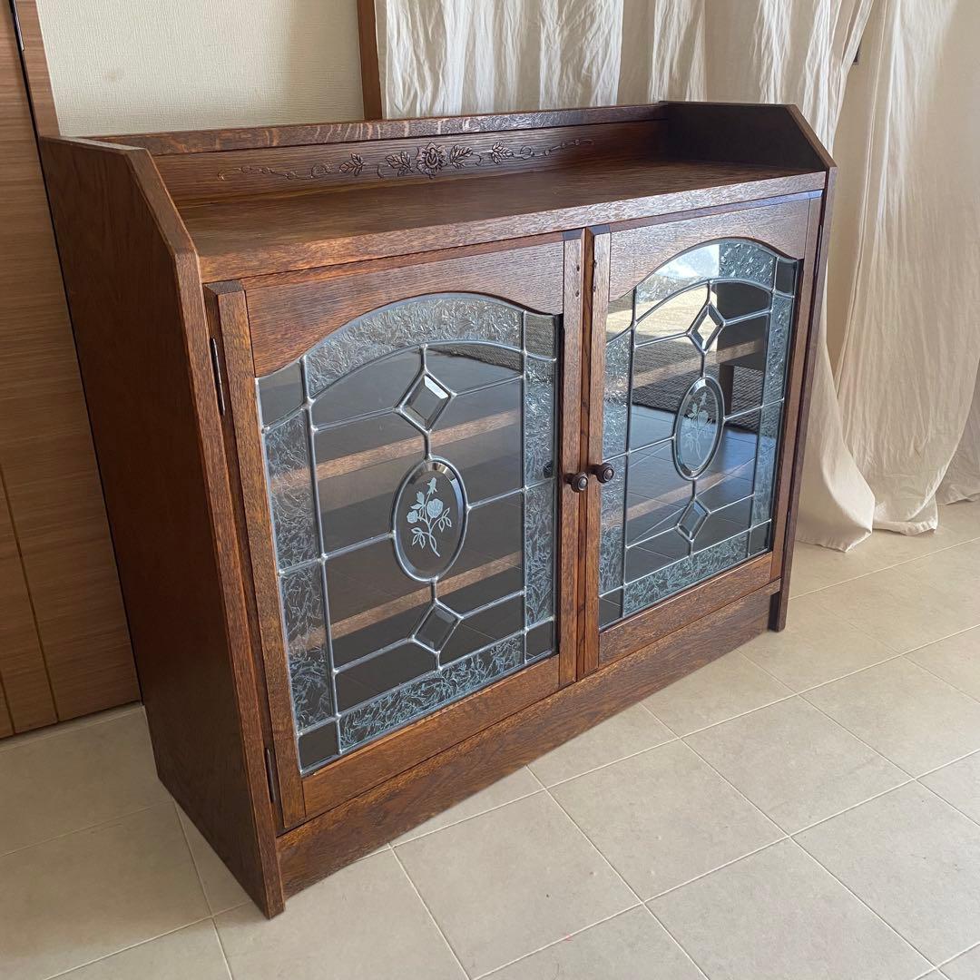 三越ブルージュ　キャビネット　三越家具　ステンドガラス　カントリー　英国　飾り棚