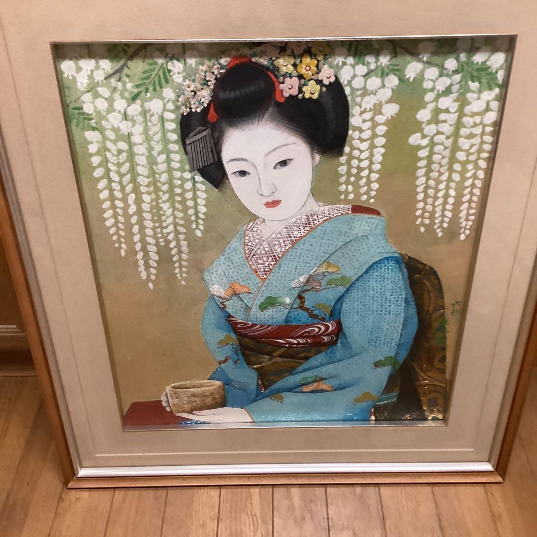 六代目歌川豊国作　　日本画板画　【　舞妓　野点茶図　】　木枠額装　手描き