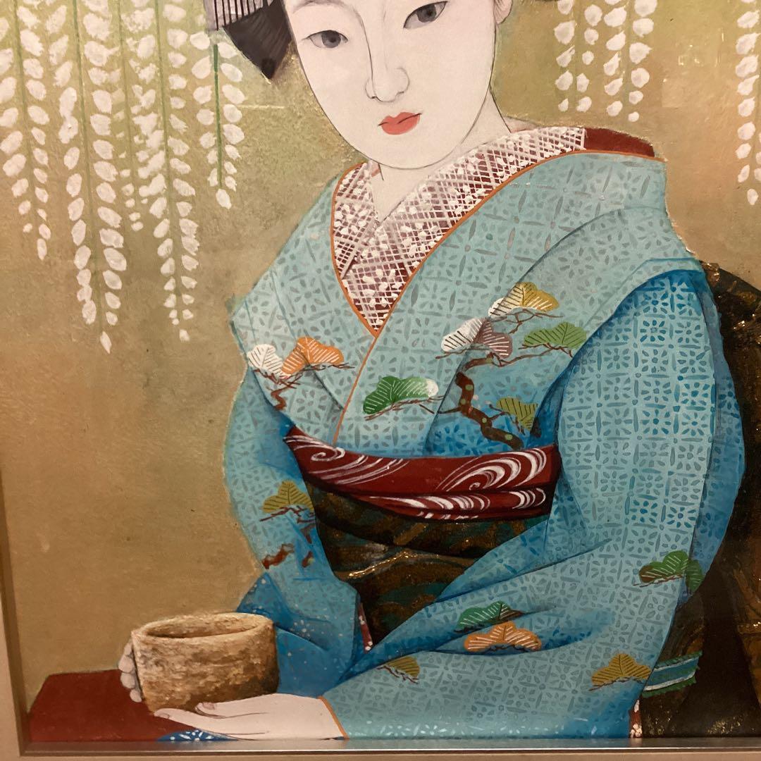 六代目歌川豊国作　　日本画板画　【　舞妓　野点茶図　】　木枠額装　手描き