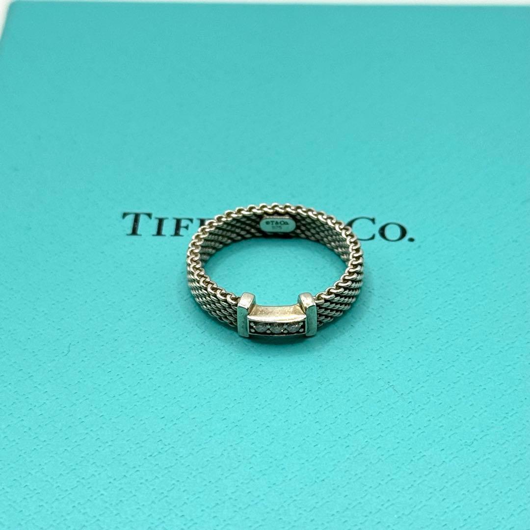 美品 ティファニー リング サマセット ダイヤ 3P メッシュ 8号 シルバー