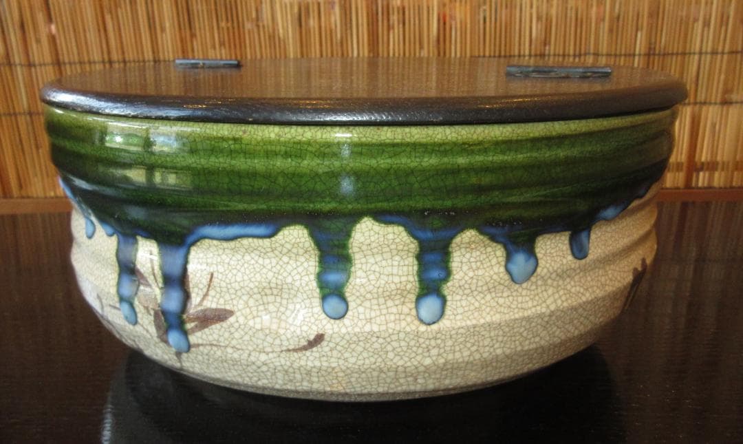 送料込【逢絢亭】茶道具 平水指 美濃焼 織部 掻合の割蓋 加藤六くべ