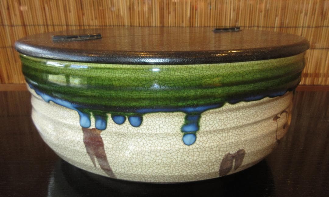 送料込【逢絢亭】茶道具 平水指 美濃焼 織部 掻合の割蓋 加藤六くべ