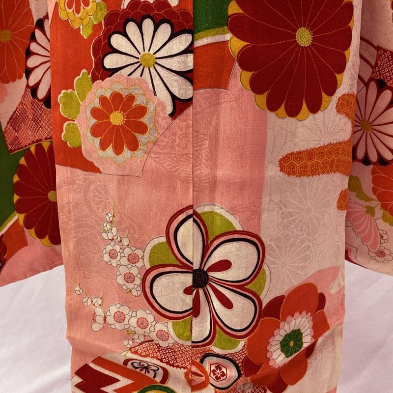 504ag45◎七五三 七歳 女児 アンティーク 総柄 扇梅菊 着物&丸帯◎