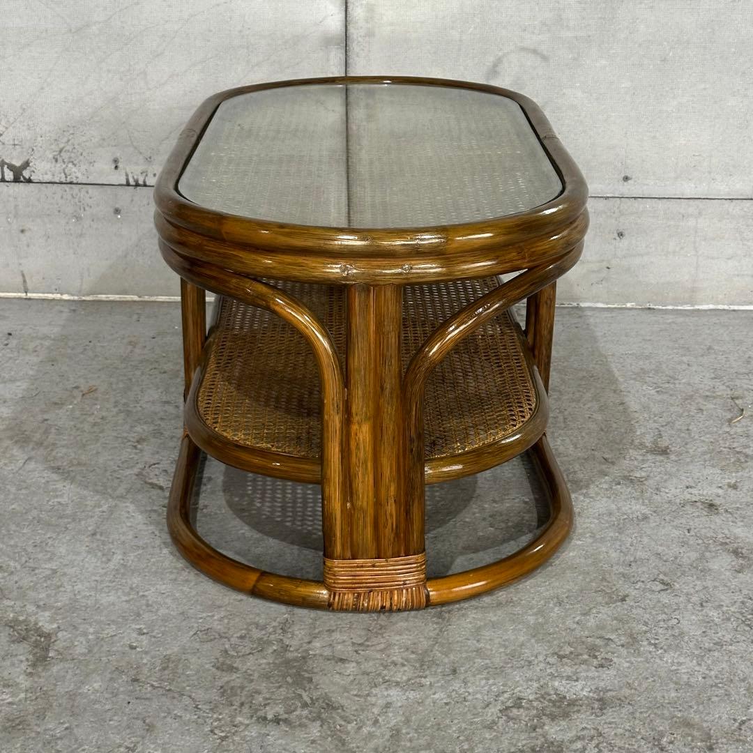 ✿昭和レトロ✿ 藤　オールドラタン　ガラストップテーブル　棚付き