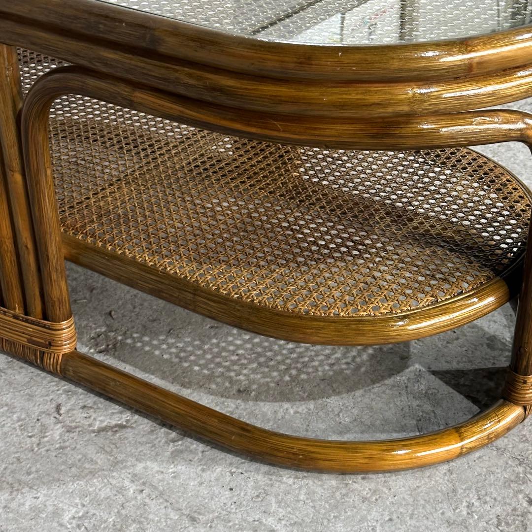 ✿昭和レトロ✿ 藤　オールドラタン　ガラストップテーブル　棚付き