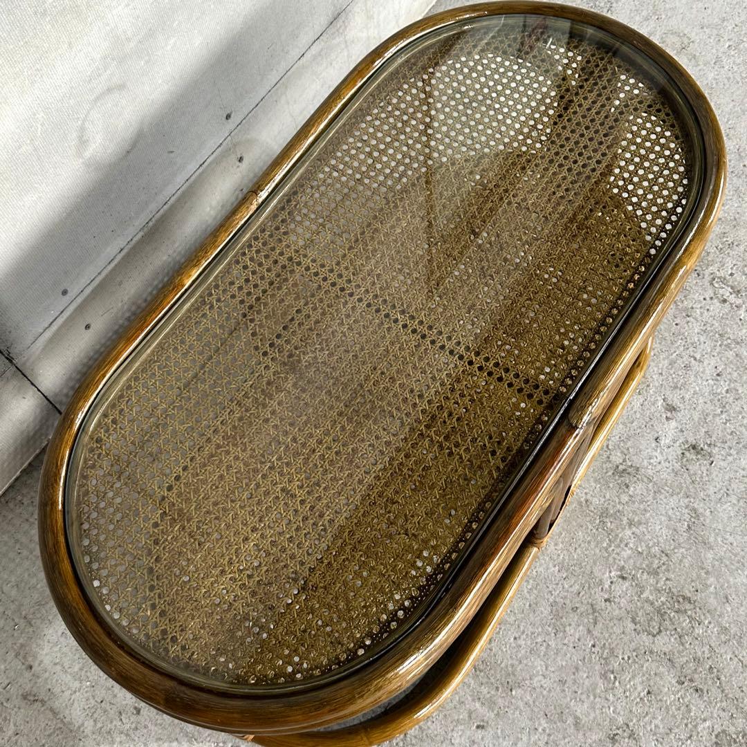 ✿昭和レトロ✿ 藤　オールドラタン　ガラストップテーブル　棚付き