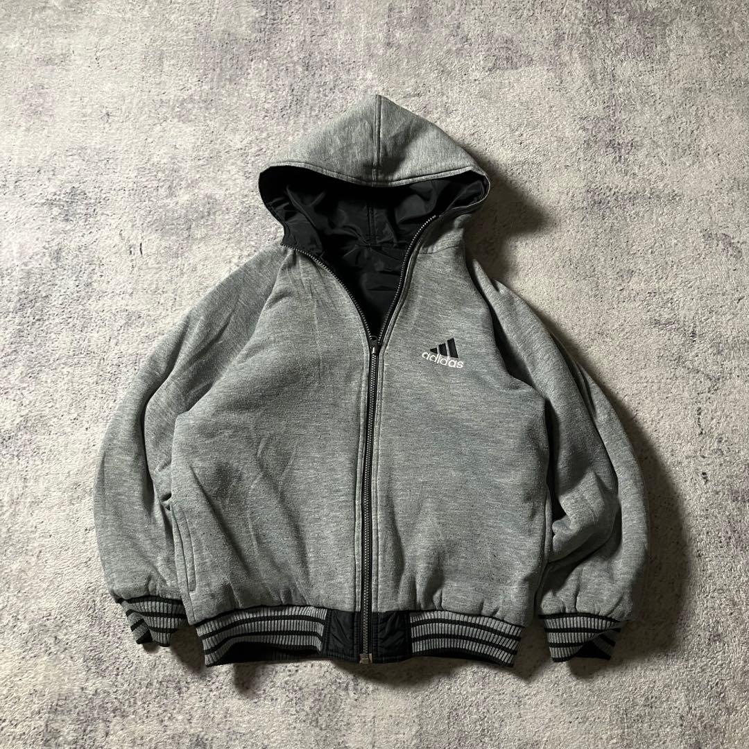 00sadidasリバーシブル刺繍ナイロンスウェットパーカーパフォーマンスロゴ黒