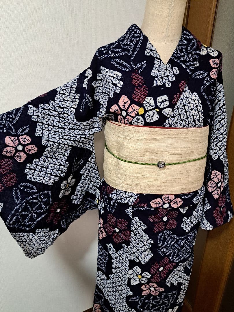 絞り浴衣 有松絞り 花繋 【美品】手縫い