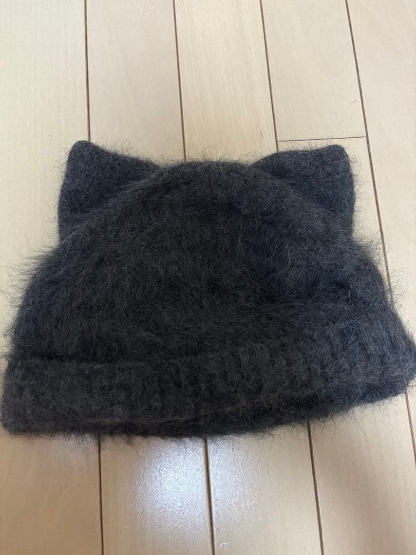 【新品未使用】Dodge ダッチ 猫耳付きダークグレーニット帽 アンゴラ100%