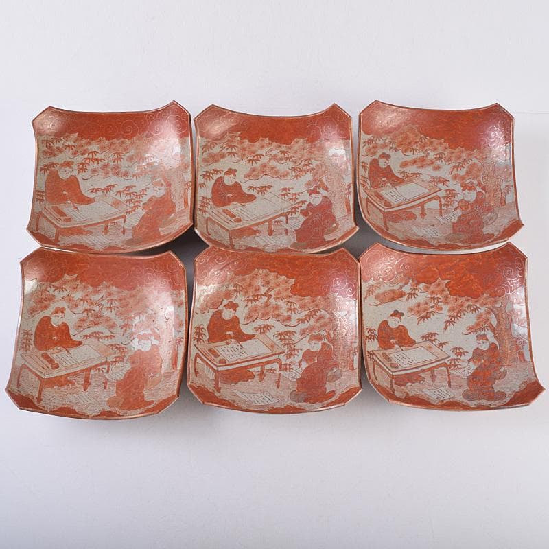 masa　古九谷赤絵銀彩　人物文皿　二種　十客　時代箱付　F　R9004B