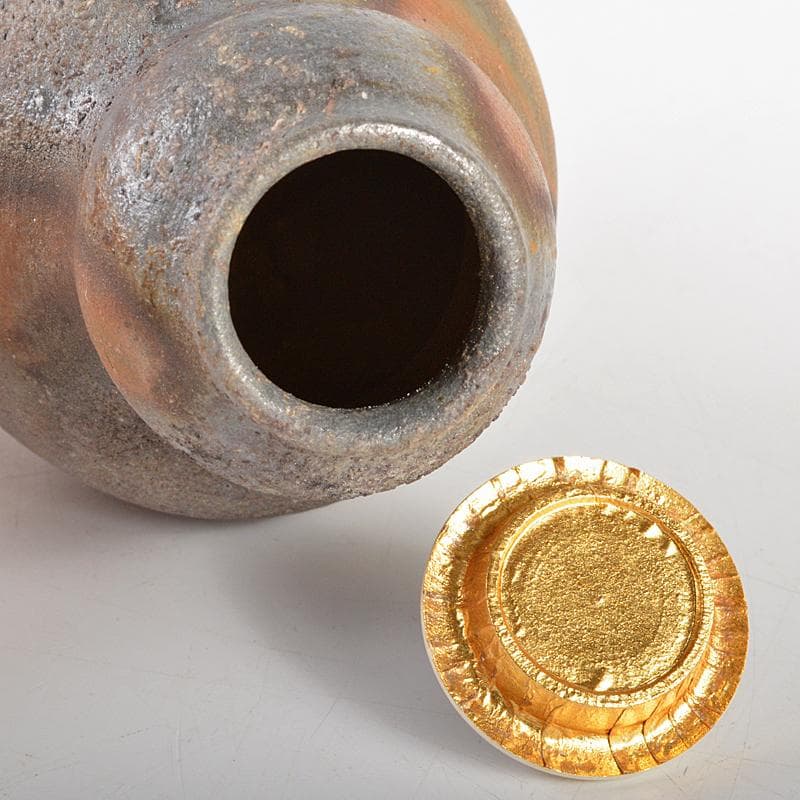 備前焼　山根義秋作　瓢箪茶入　西陣織仕覆二点　有馬頼底（大龍）極箱　VR5609