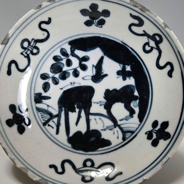 24-1275 　古染付　鳥鹿猿図皿　4寸皿　明末清初
