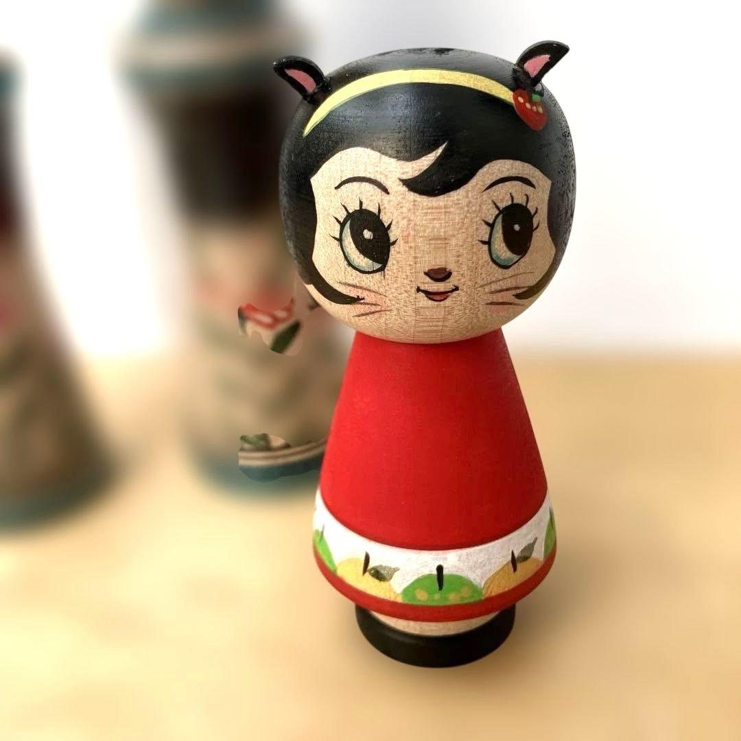 こけし　北山盛治　裕美　親子こけし　猫耳リンゴ　林檎こけし　3体セット　北山裕美