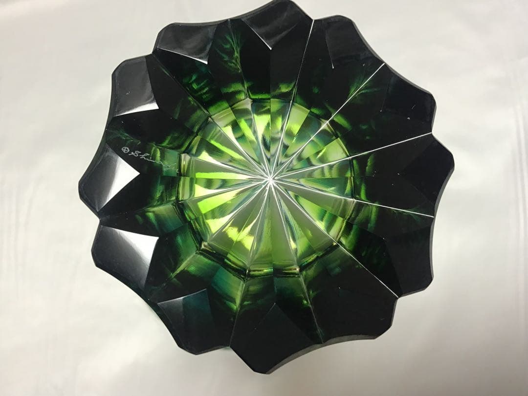 天開花瓶　ルリ緑　二色被ガラス　薩摩ガラス工芸作　定価117,700円