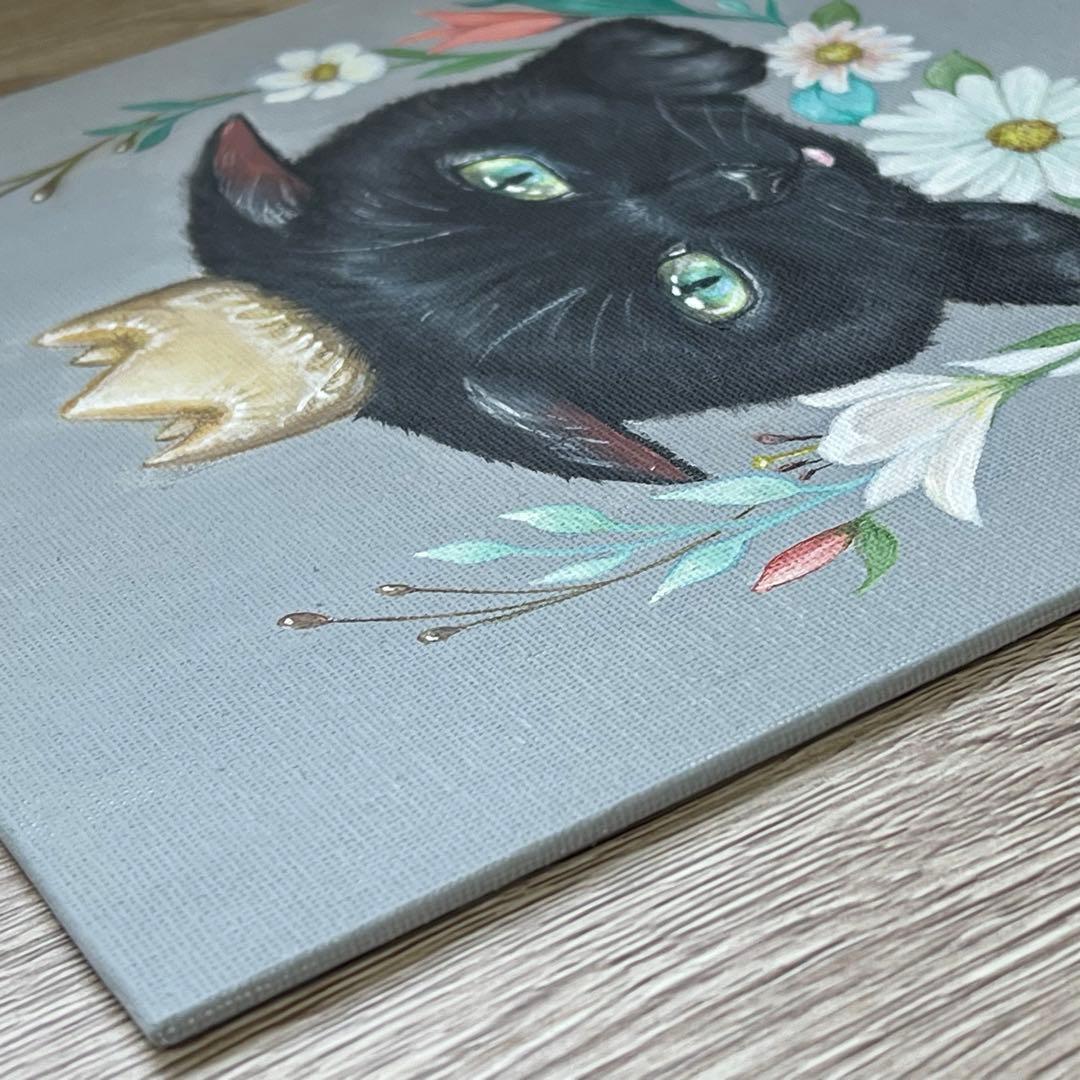 黒猫　愛猫の誕生日　アクリル画　開運絵画