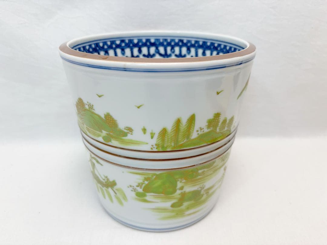 未使用 茶道具 平安 秀峰作 緑地山水絵 水指 印 水差 茶器 茶事 共布 共箱