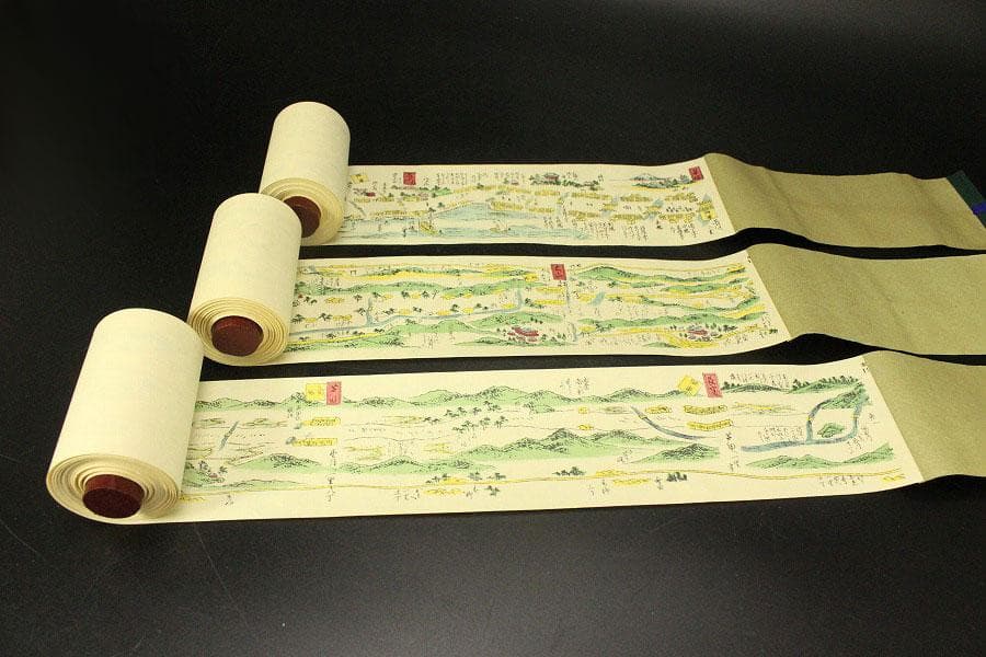 東海木曽両道中懐宝図鑑 上中下巻物 三点 (株)京文閣謹製 箱入(メ1654)